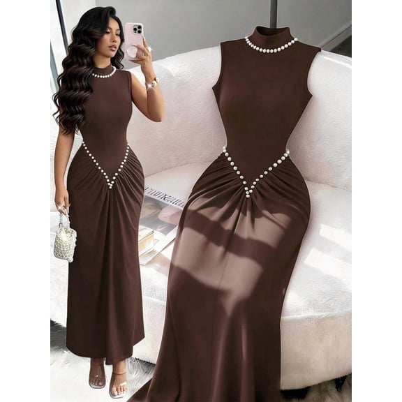 Brown Semi-High Neck Sleeveless Knitted Pleated Maxi Dress With Pearl Embellishment, Elegant Evening Gown