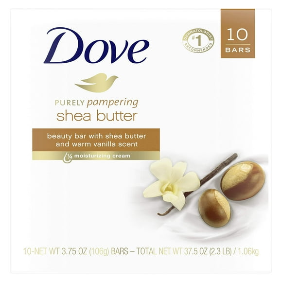 Dove Purely Pampering Beauty Bar For Softer Skin Shea Butter More Moisturizing Than Bar Soap 3.75 Oz 10 Bars