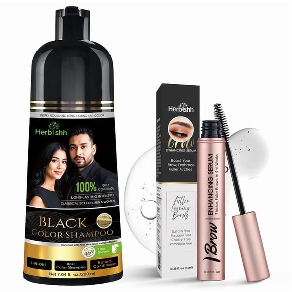 Herbishh Black Shampoo, Hair Dye Shampoo 3 in 1, 100% Grey Coverage, Demi-Permanent Hair Color for Men & Women, With Eyebrow Enhancing Serum Combo