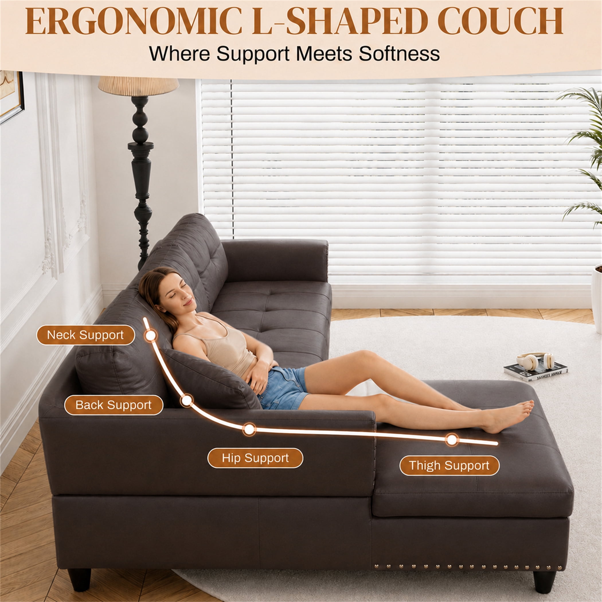 Aukfa 98" L Shaped Sectional Couch with Cup Holder Console, Tufted Back&Nailhead Trim, Oversized Left Chaise Leather Sofa for Living Room, Brown