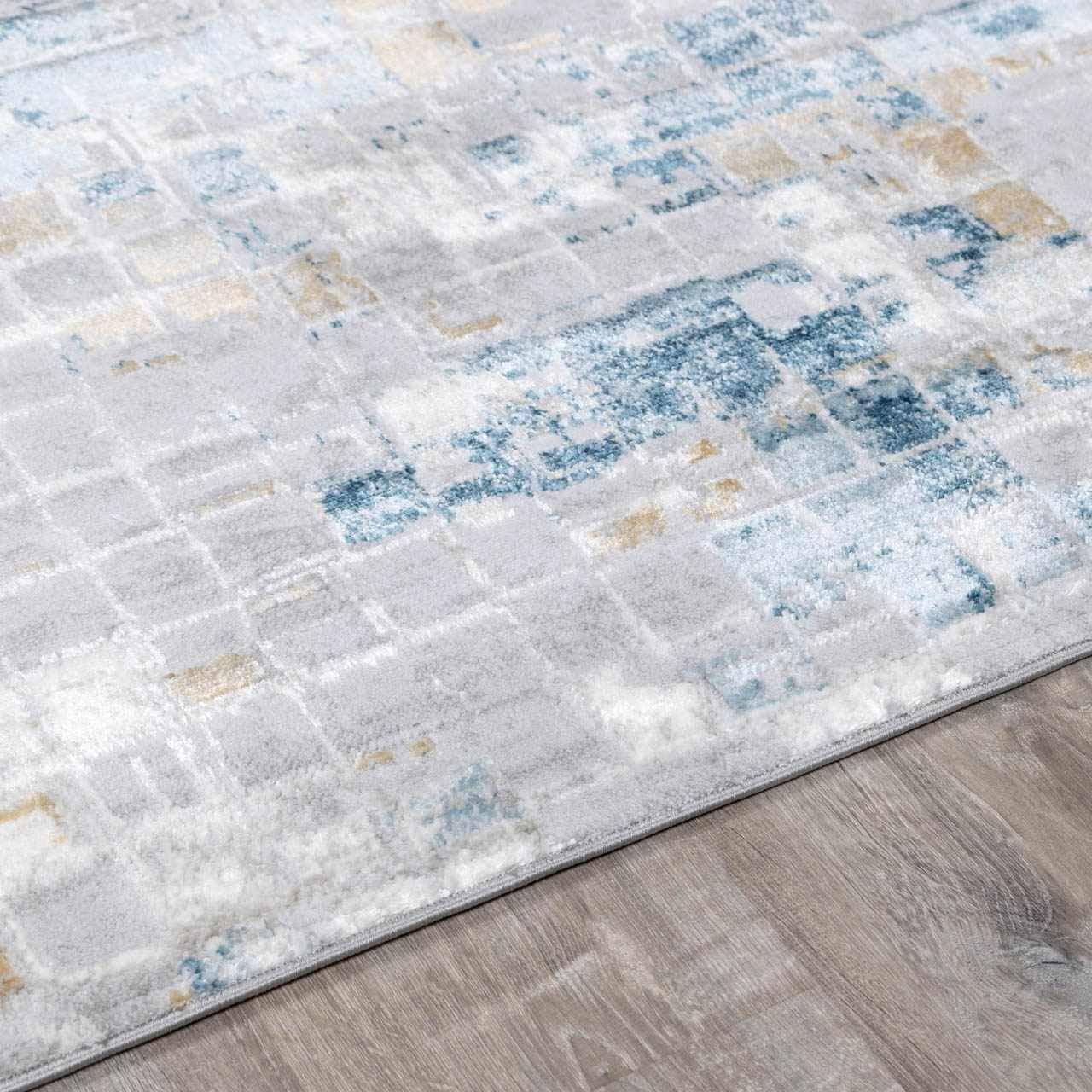 Hauteloom Liverpool Modern Abstract Bedroom Living Room Small Area Rug - Square Tile Carpet - Contemporary Bohemian Farmhouse - Blue, Grey, Brown, Off White - 2' x 3'