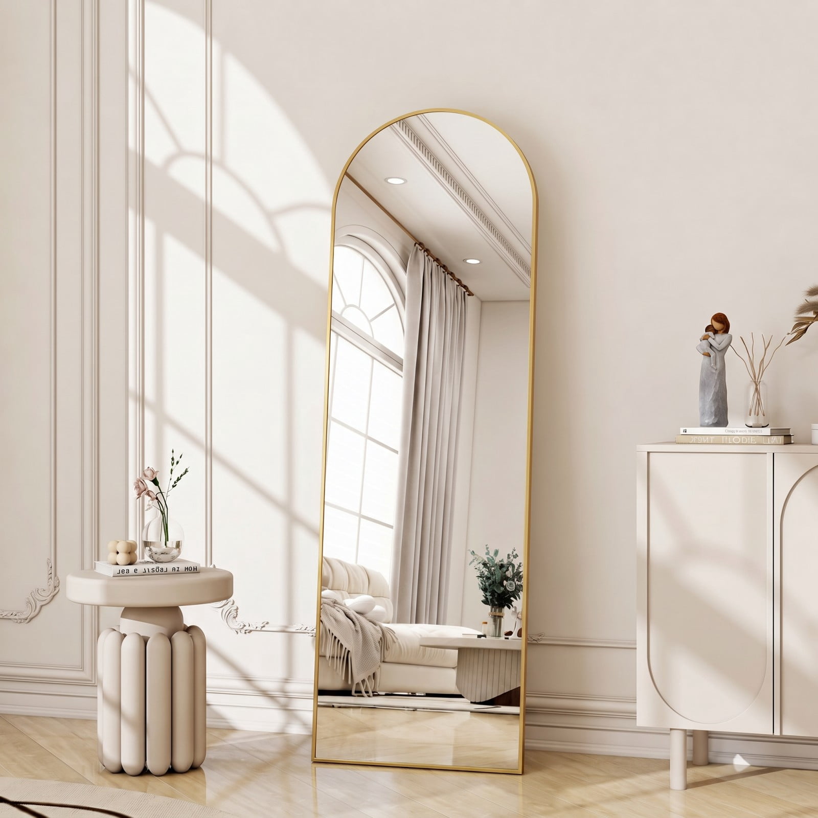 SHATTERVIEW 56"x15" Arched Full Length Mirror Floor Mirror with stand, Gold