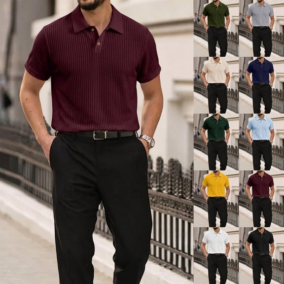 Lumtrix Mens Polo Shirt Texture Knitted Button Dpwn T-Shirt Casual Short Sleeve Summer Vacation Golf Shirts Beige 2XL