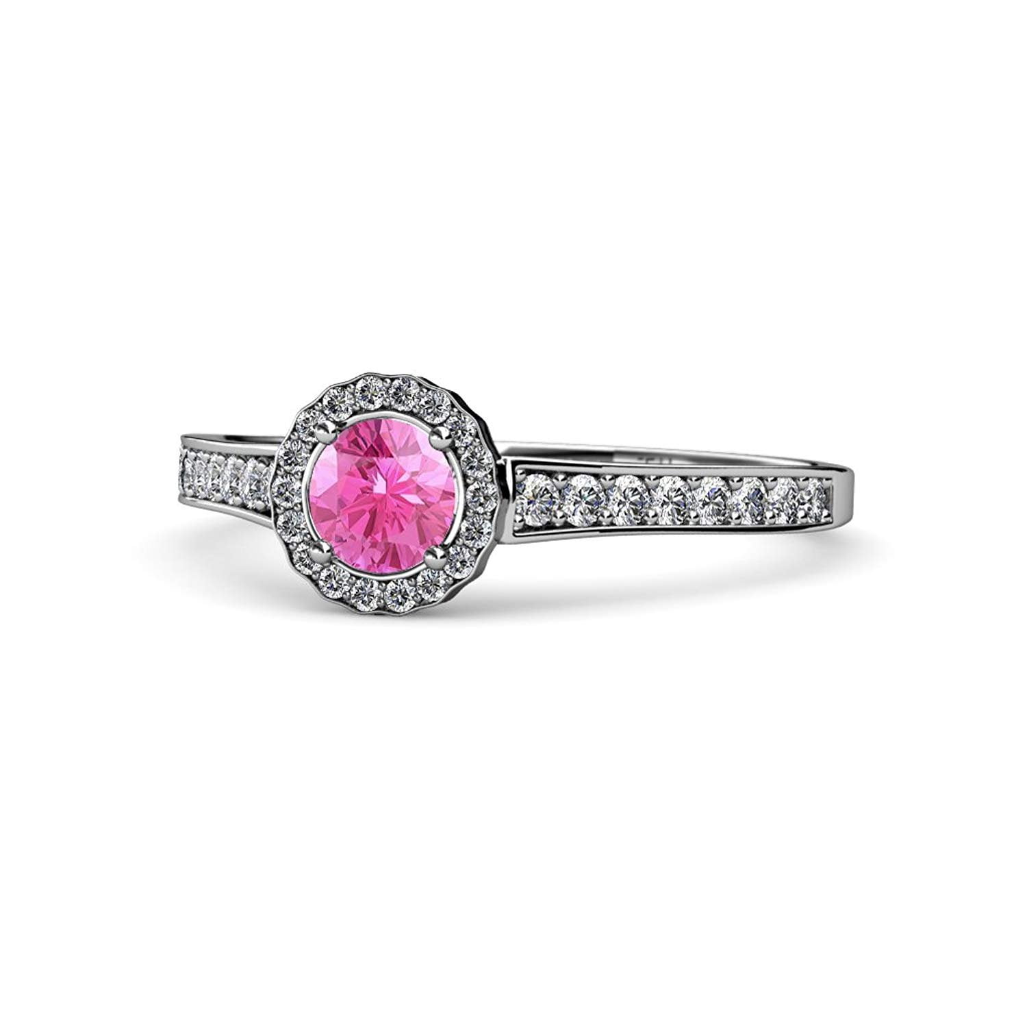 Pink Sapphire and Diamond (SI2-I1, G-H) Halo Engagement Ring 0.99 ct tw in 14K White Gold.size 7.0 by TriJewels