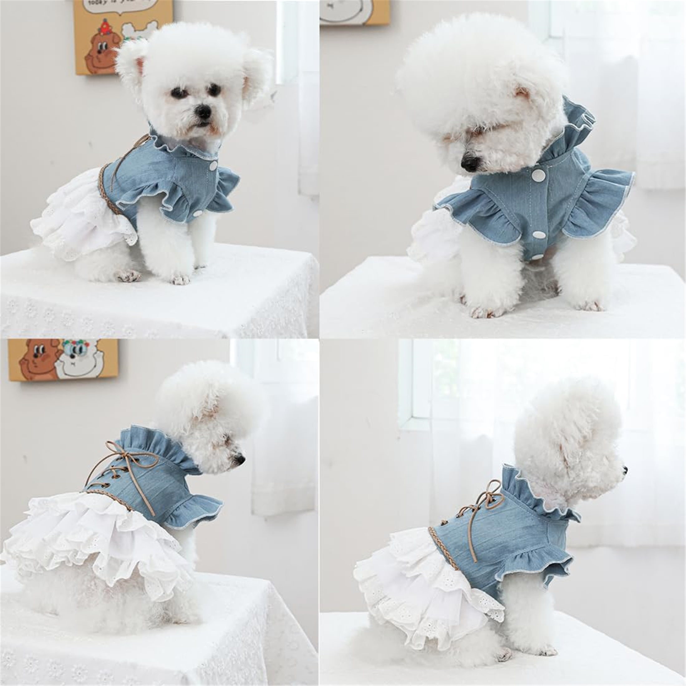 HQREA Girl Dog Denim Dress Sleeves Dog Jeans Jacket Puppy Clothes for Small Dogs Cat Apparel Cake Skirt Pet Outfit