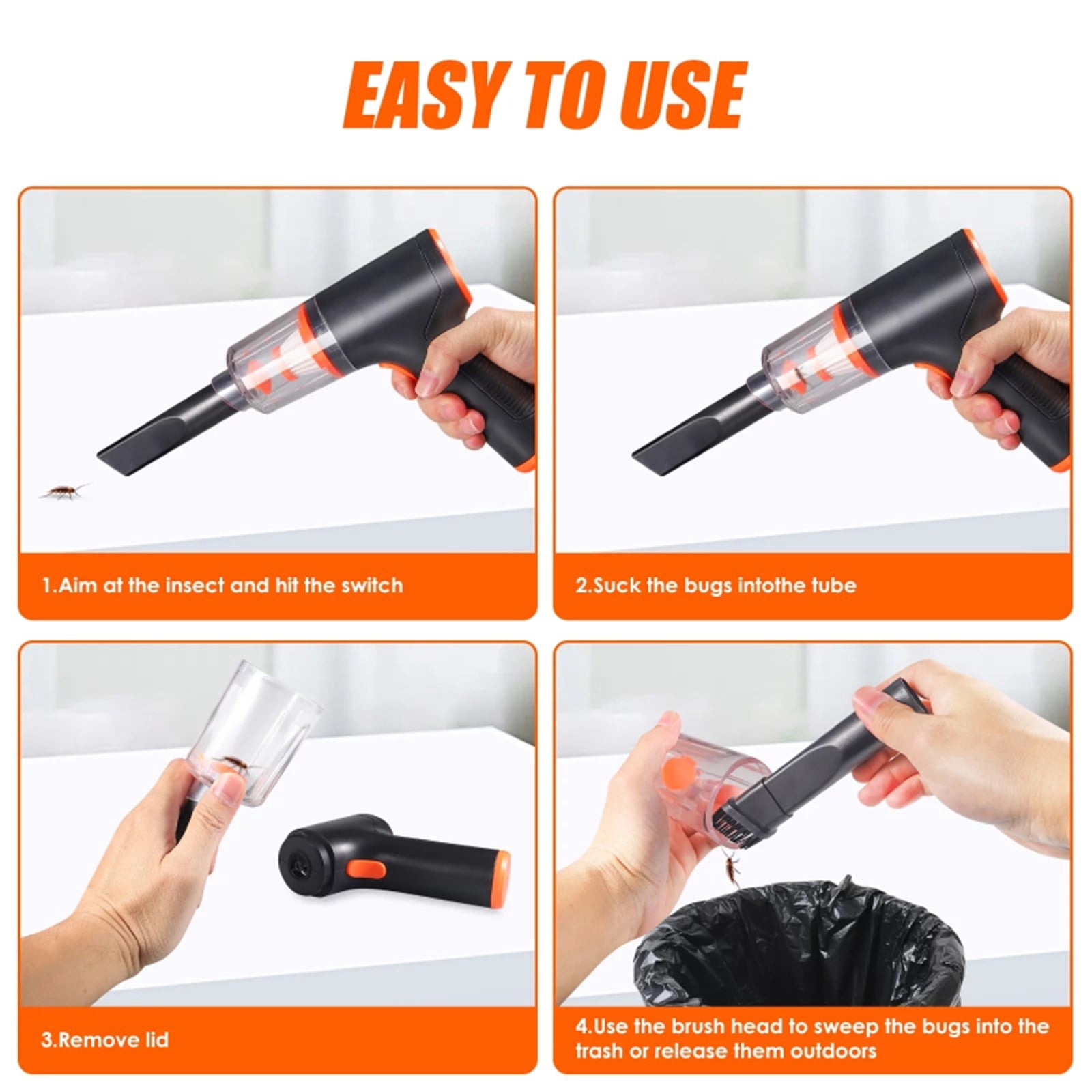 Handheld Vacuum and Blower Cordless Rechargeable Bug Vacuum Catcher for Insect Stink Bug Spider, Portable Vacuum Cleaner Strong Suction Bug for Car Kitchen Pet Hair, Dry & Wet Use, Black