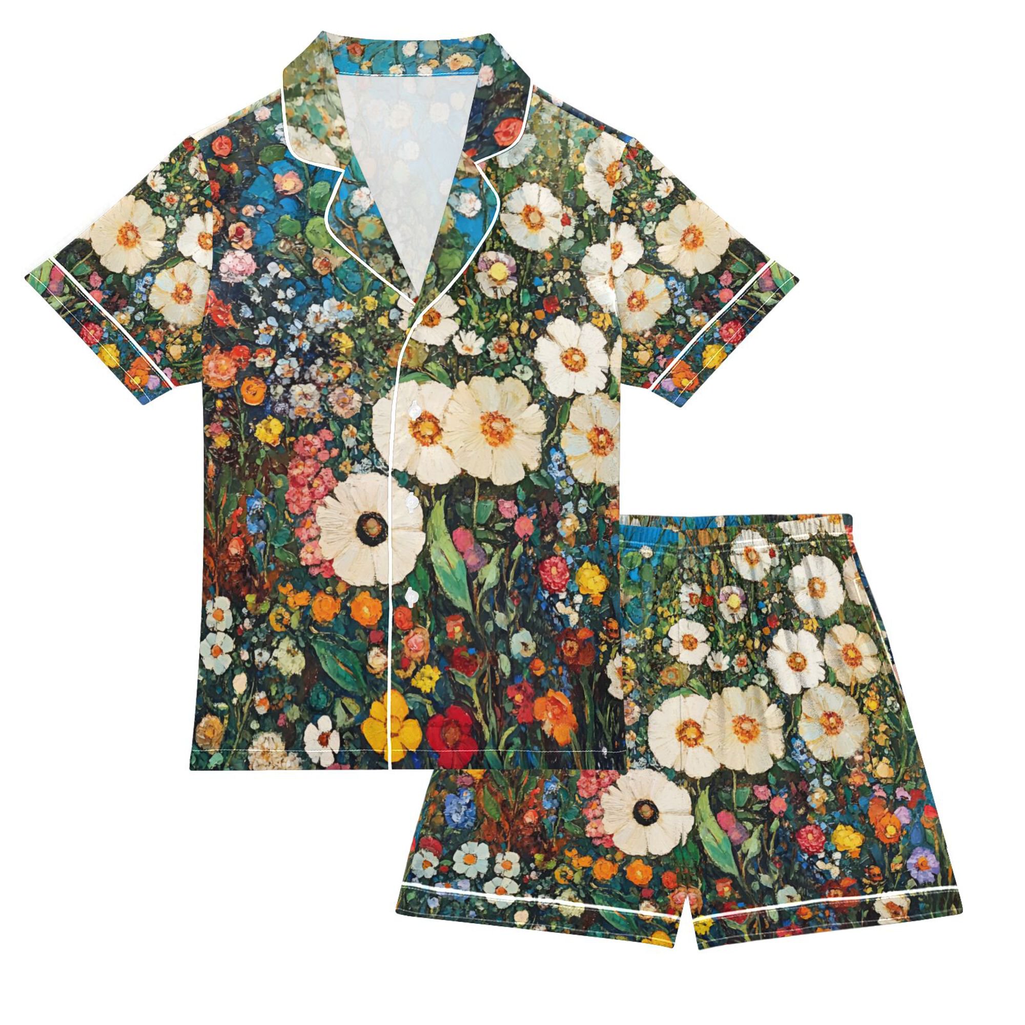 FORMRS Kids Satin Short Sleeve Pajama Set Unisex Top and Pants Soft 2-Piece Sleepwear Sizes 13-14Y Floral Garden