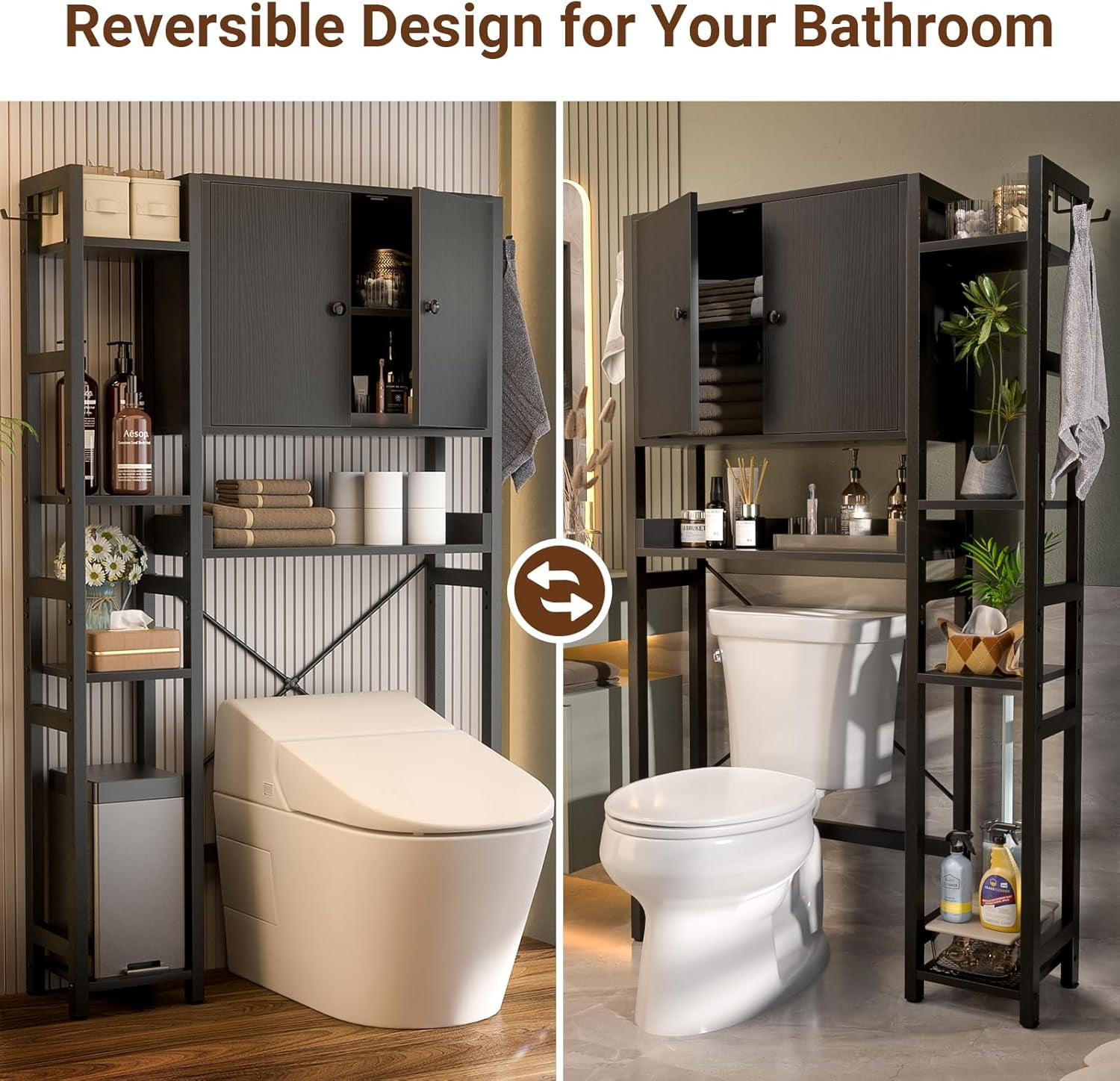 iSunirm Over The Toilet Storage Cabinet with Doors, 7 Tier Freestanding Bathroom Organizer with Adjustable Shelf & 4 Hooks for Bathroom, Restroom, Laundry, Black