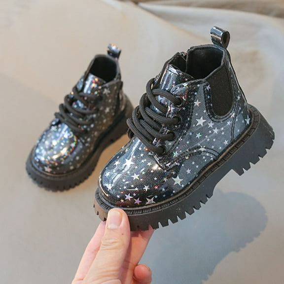 Bnwani Girls Winter Boots Lace Up Ankle PU Leather Shiny Patent Lace Star Print British Booties 1-6 Years