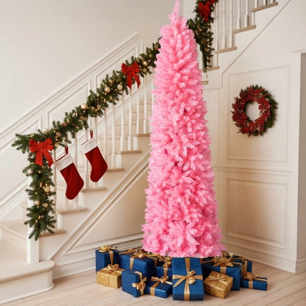 Alvantor 7.5 ft Unlit Artificial Pencil Christmas Tree, 1075 PVC Branch Tips, Hinged, Metal Stand, Snowy Pink