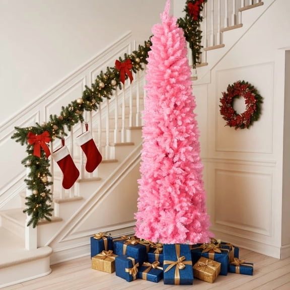 7.5 FT Snowy Pink Slim Pencil Christmas Tree - 1075 PVC Branch Tips, Flame-Retardant, Space-Saving for Apartment/Office