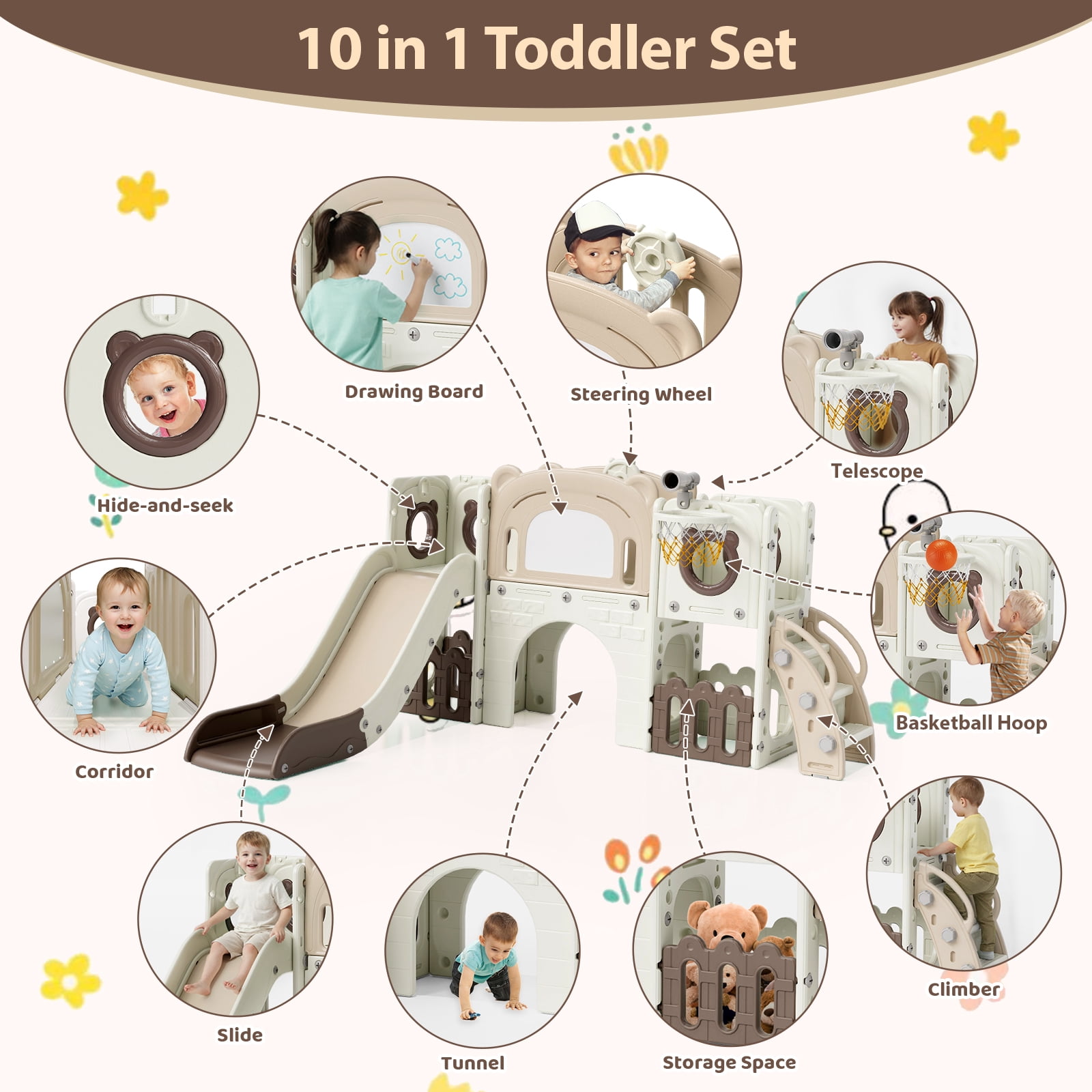 LAZY BUDDY 10 in 1 Toddler Slide Set, Kids Slide and Climber Playset with Basketball Hoop, Drawing Board, Telescope, Indoor Outdoor Playground
