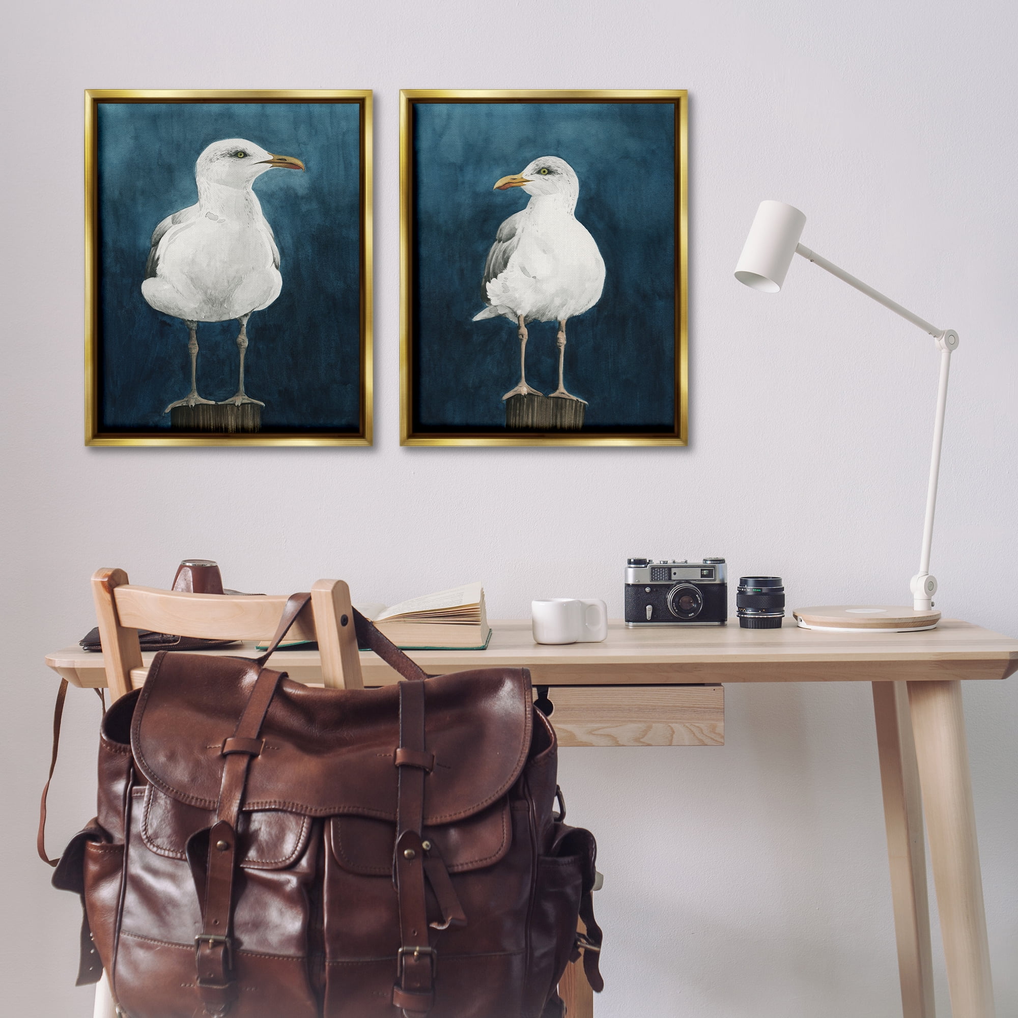 Stupell Industries Seagull Standing on Log Animals Painting Gold Floater Framed Canvas Art Print Wall Art, 31 x 25, Set of 2
