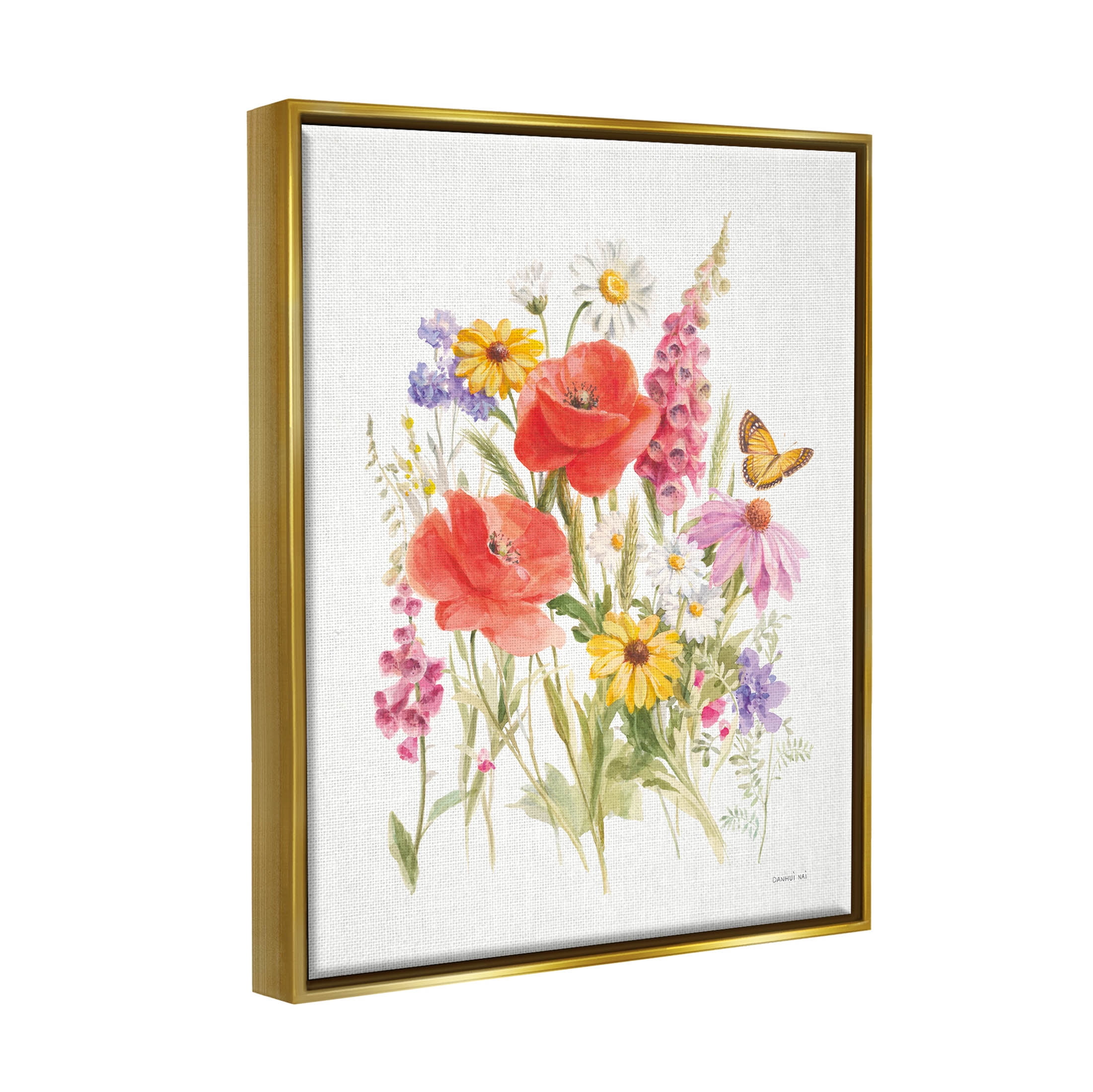 Stupell Industries Mixed Flower Arrangement Butterfly Graphic Art Metallic Gold Floating Framed Canvas Print Wall Art, Design by Danhui Nai