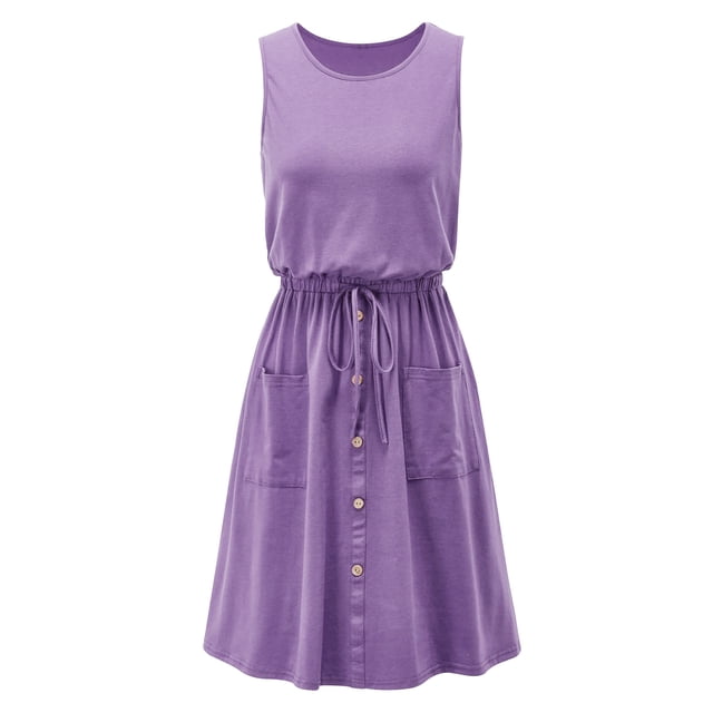 Robes d'Été pour Femmes Couleur Unie Col Rond Sans Manches Bouton Robe Ample avec Poche Robes de Plage Sans Manches pour Dames