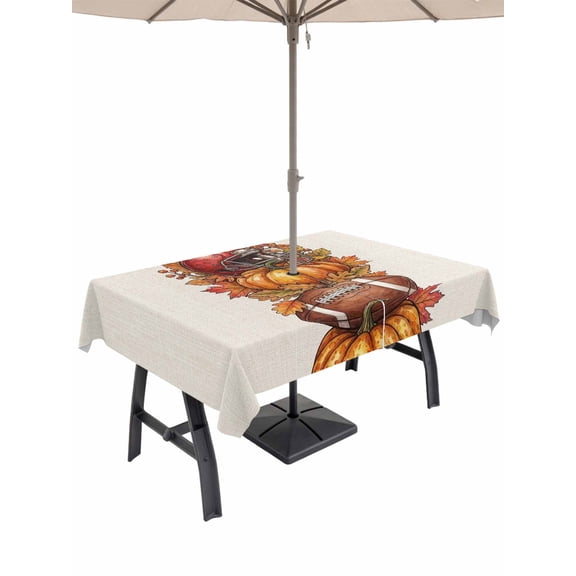 Outdoor Tablecloth with Umbrella Hole for Patio/Picnic/Party/Camping, Fall Pumpkins Waterproof Table Cloth Rectangle Table Cover Washable, Football Baseball Autumn Orange Red Maple Leaves (60"x 84")