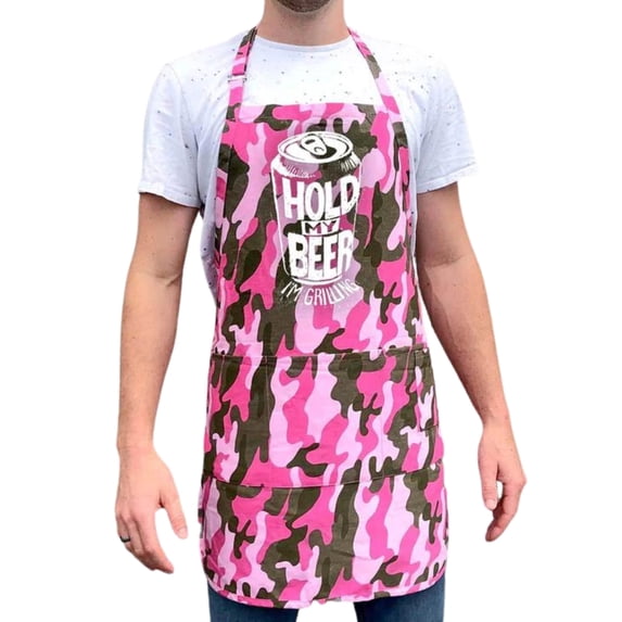ApronMen, Funny Aprons For Men - Hold My Beer - 100% Cotton with Pockets - Pink
