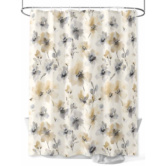 Beige Grey Spring Floral Shower Curtain Set, Waterproof Shower Curtains for Bathroom, Watercolor Summer Botanical Washable Fabric Cloth Bath Curtain for Bathtub Decoration with Hooks 48x72 Inches