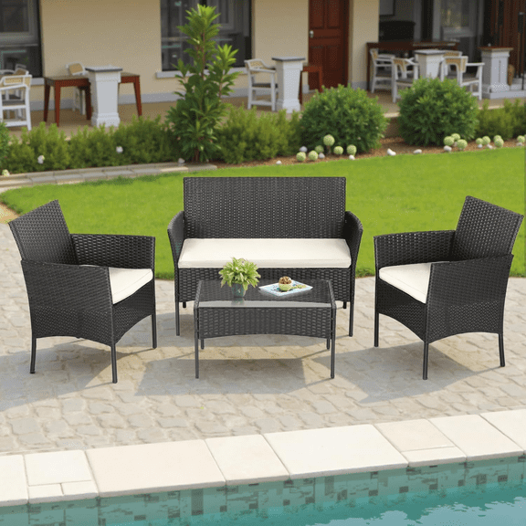 BORGEBY 4-Piece Patio Furniture Set, Outdoor Wicker Furniture with Sofa & Coffee Table for Garden, Porch,Lawn(Black)
