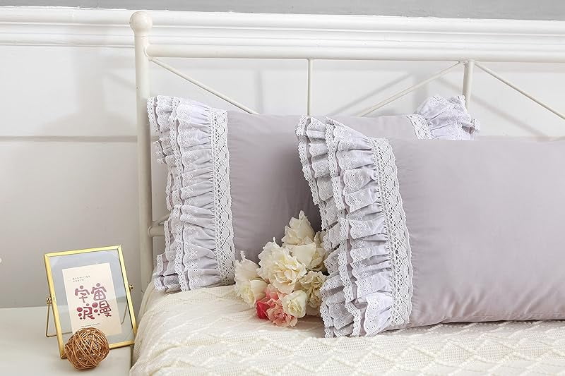 Gray Pillow Shams with Lace Ruffles Shabby Chic Cotton Queen Size Grey Pillowcases 20"x 30" 2-Pack