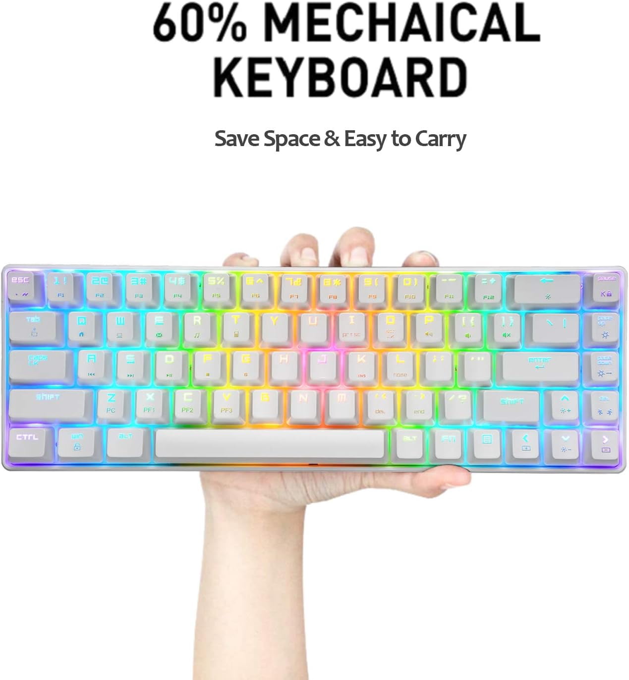 60% Mechanical Gaming Keyboard Red Switch Mini 68 Keys Wired Type C 18 Backlit Effects,Lightweight RGB 6400DPI Honeycomb Optical Mouse,Gaming Mouse pad for Gamers and Typists (White)