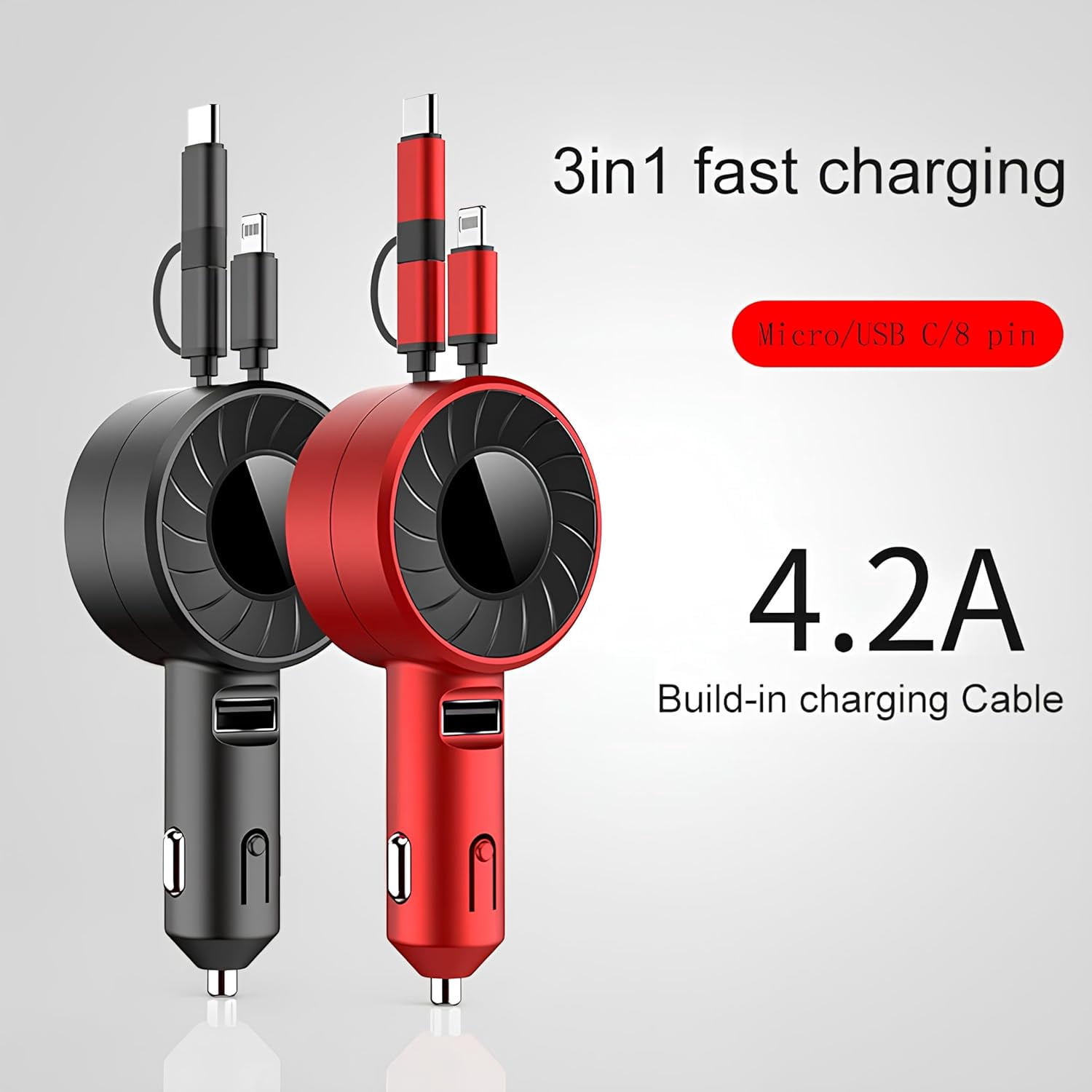Wiher Retractable Fast Car Charger compatible for iPhone and Android with Dual Port USB C Cables 4-in-1 with Ports Adapter Car interior Accessories Red