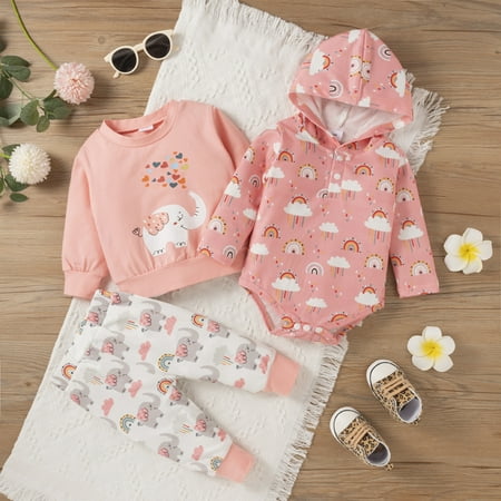 

3PCS Newborn Baby Clothes Set Infant Girl Romper Hoodie Sweatshirt Pants Cute Kids Clothing Set