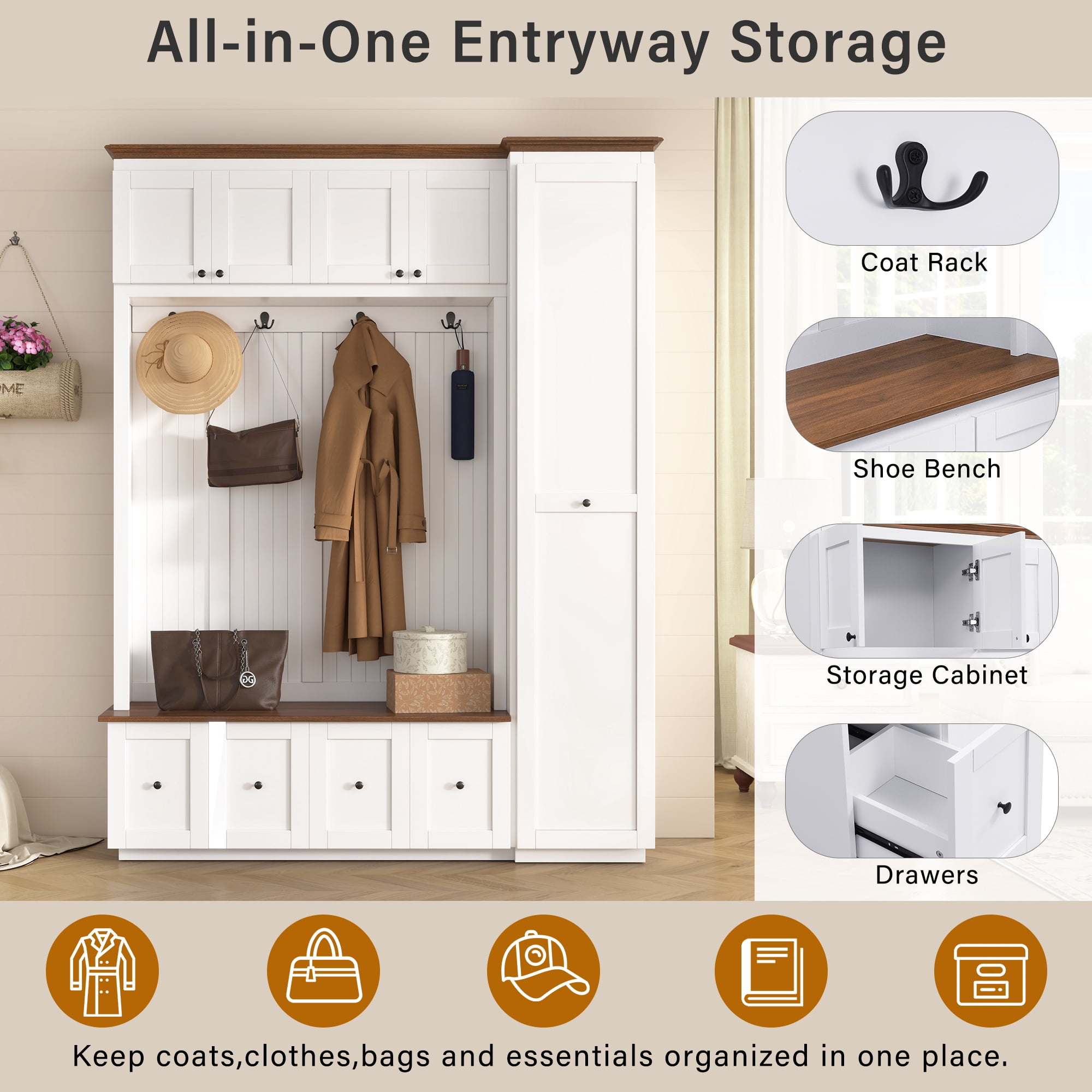 Mintazer 78.7"H Farmhouse Hall Tree with Coat Rack, Storage Bench, Drawers & Hooks for Hallway, Entryway, Bedroom, Mudroom, Living Room, White