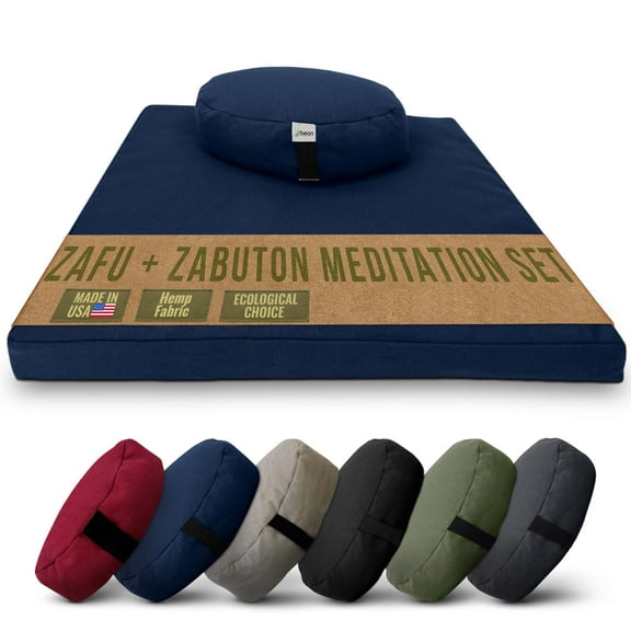 Hemp Meditation Cushion and Mat Set - Organic Buckwheat Filled Oval Zafu Meditation Pillow and Cotton Filled Zabuton Floor Pad - Made in USA, Blueberry