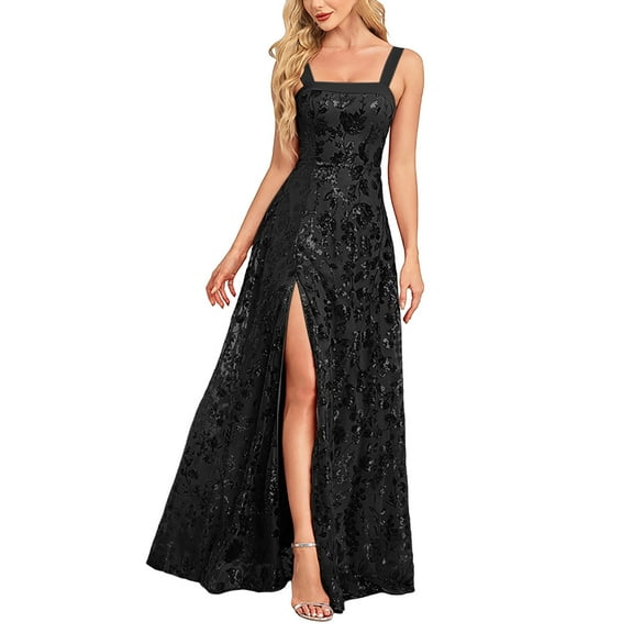 Roncen Women's Solid Evening Gown - Long Party Dress with Side Slit, Elegant Formal Attire for Banquet Cocktail Reception Night Events