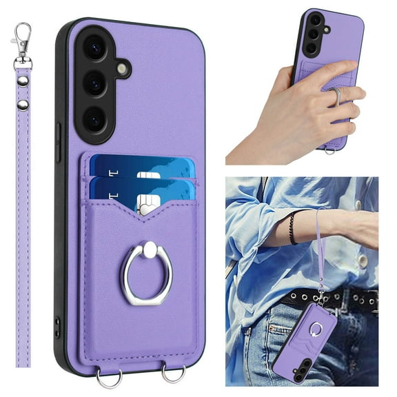 for Samsung Galaxy A13 5G Case, Card Holder Wallet Case, Ring Holder Stand, Wrist Hand Strap, PU Leather Anti-Scratch Shockproof Protective Flip Phone Cover for Samsung Galaxy A13 5G Case, Purple