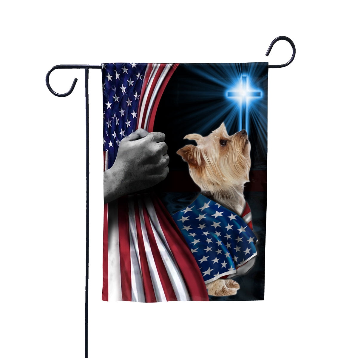 Hand Pulling USA Flag Yorkshire Terrier Dog Wearing Flag American Standing under Cross Christian Patriotic House Flag (12x18) Double Sided-Premium Polyester-Decorative Indoor Outdoor Flag