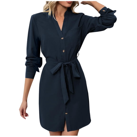 VEKDONE Women Shirt Dress Long Sleeve V Neck Button Down Mini Dress with Belted Elegant Loose Fit Knee-Length Casual Tunic Dresses with Pocket Navy S