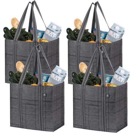 4 Pack Reusable Grocery Bags with Hard Bottom, Heavy-Duty Shopping Bags for Shopping Cart (Windowpane, 4 Pack)
