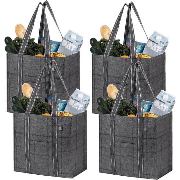 4 Pack Reusable Grocery Bags with Hard Bottom, Heavy-Duty Shopping Bags for Shopping Cart (Windowpane, 4 Pack)