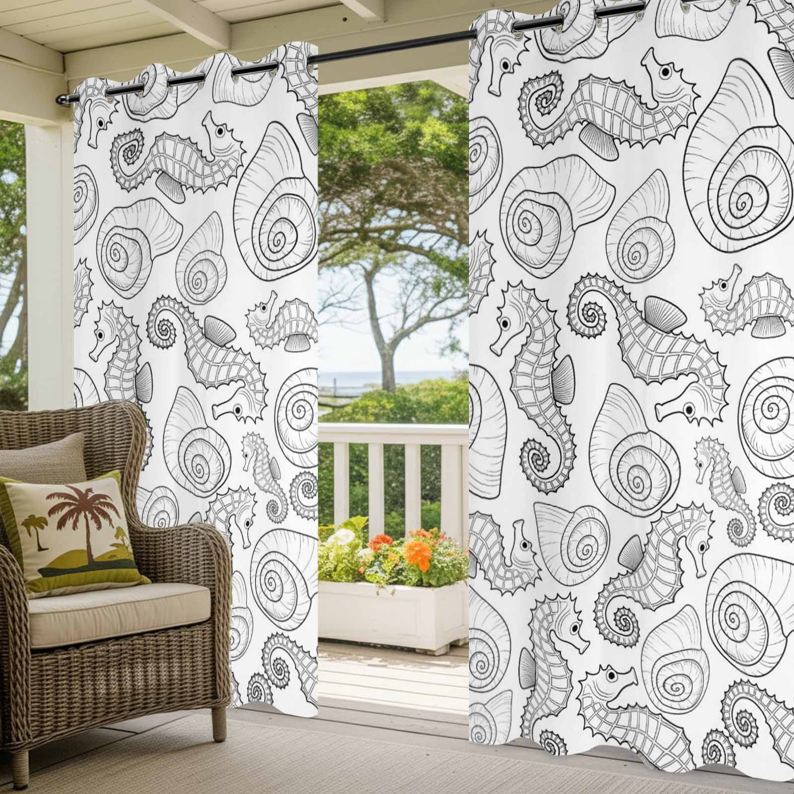 Marine Life Outdoor Curtains for Patio, Oceans Horses Sea Nut Line Sketches Style Black Sunshade Privacy Drapes Grommet Waterproof Outside Curtains for Porch/Cabana/Balcony 54"x 108", 1 Panel