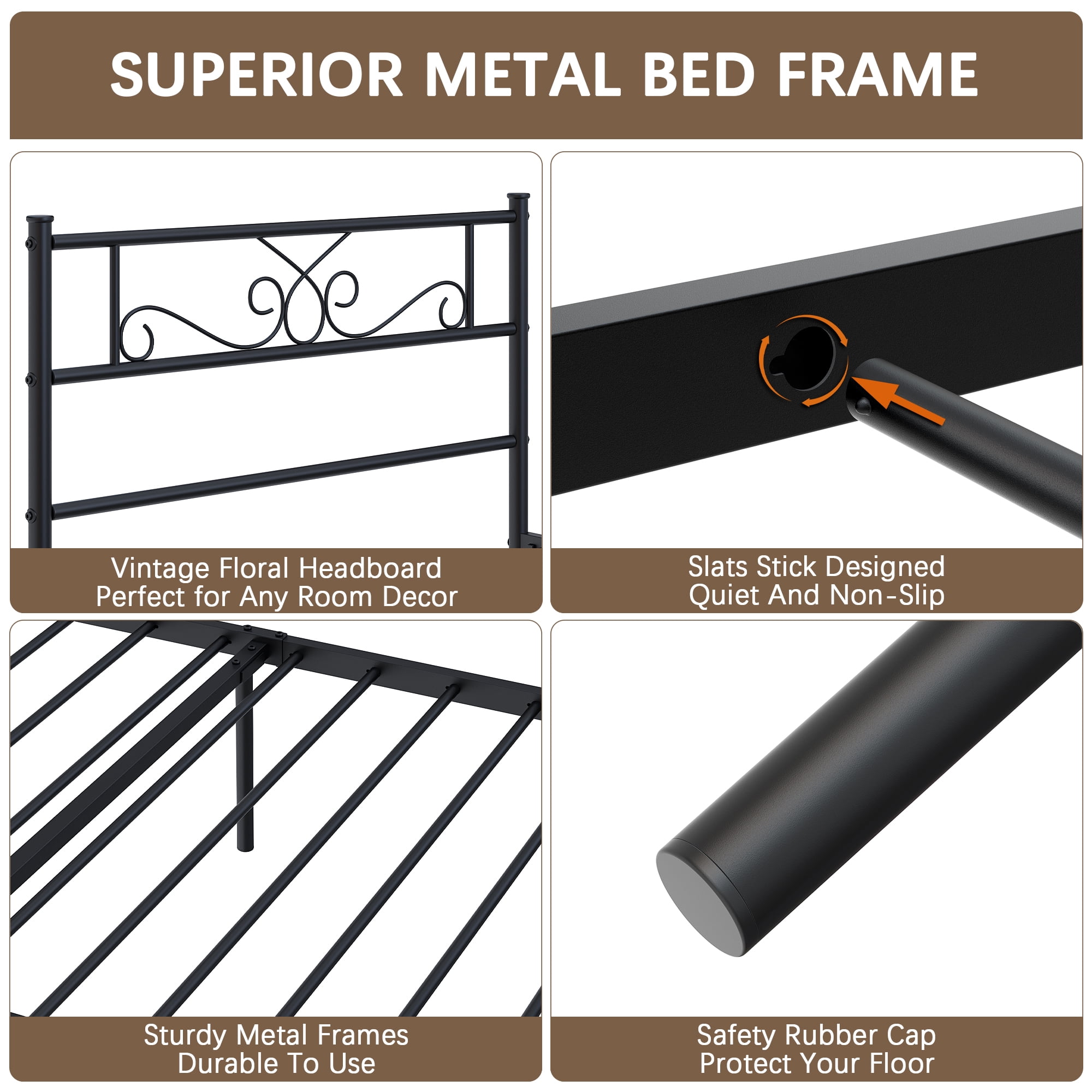 Yoneston Heavy Duty Metal Queen Size Platform Bed Frame with Vintage Headboard & Footboard for Adult Bedroom, Black