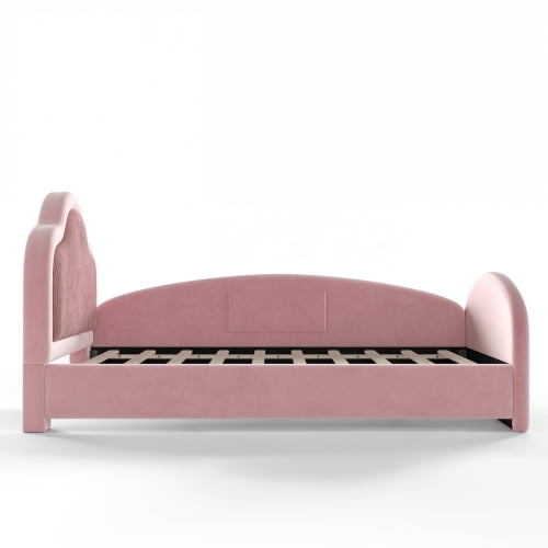 Twin Size Upholstered Kids Floor Bed with Curved Headboard, Safety Side Rails and Storage Pocket, Pink