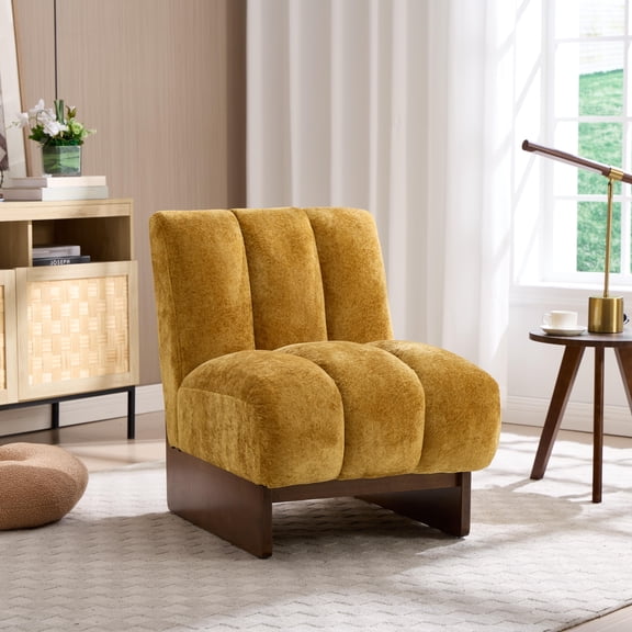 MOONMISS Modern Chenille Fabric Armchair with Wood Legs, Comfy Upholstered Reading Accent Chairs for Living Room,Yellow