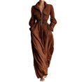 thumbnail image 2 of Women's Plus Size Solid Color Cotton Linen Blend Jumpsuit, Long Sleeve Zip Up Collar Wide Leg Romper with Elastic Waistband, Stylish Casual Streetwear Coffee L, 2 of 7