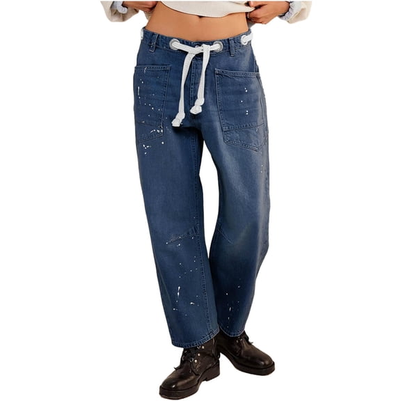 Elastic Middle Waist Women Casual Jeans Drawstring Denim Pants with Front Pocket