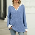 thumbnail image 4 of Holzkary Women's V Neck Sweaters Pullover Color Block Collar Long Sleeves Loose Fit Casaul Lightweight Polo Tunic Tops Shirts Contrast Collared Shirts Ribbed Fall Tops Lightweight Sweaters Blue Xl, 4 of 7