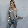thumbnail image 3 of Star Pattern V Neck Long Sleeve Frayed Hem Sweater for Women, 3 of 3