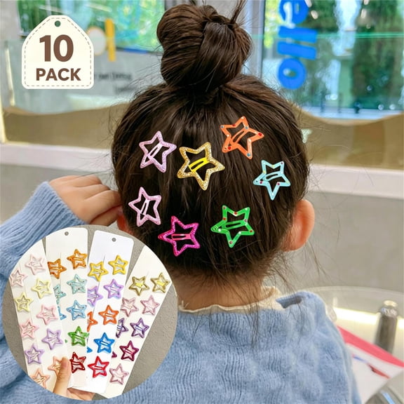 Qocolcyl 10 PACK Glitter Hollow Star Snap Hair Clips for Women, Colorful Metal Star Barrettes, Cute Broken Hair Bangs Hair Accessories for Daily Party Hairstyle