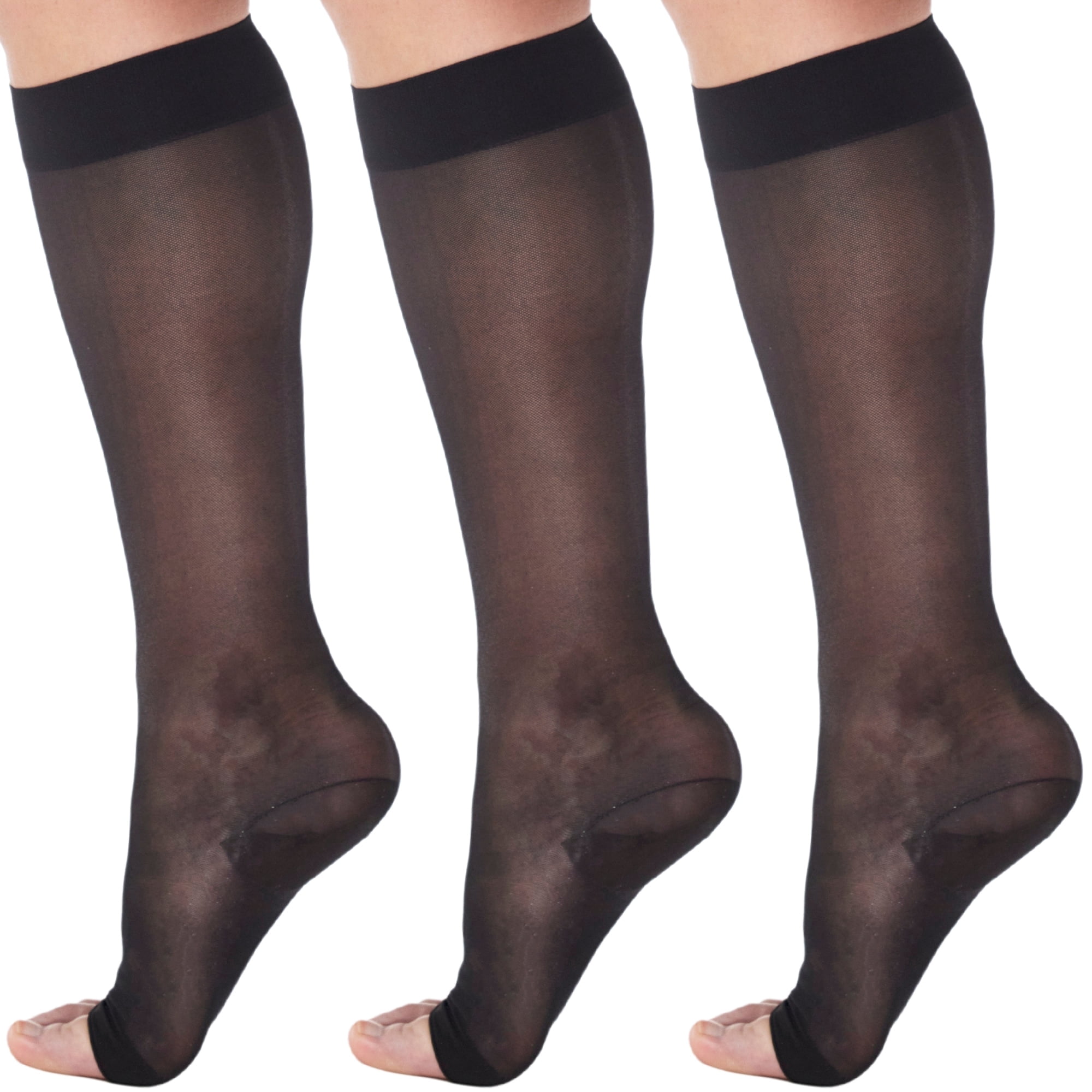 (3 Pairs) Made in USA Toeless Support Women Stockings 15-20mmHg Black, 2X-Large