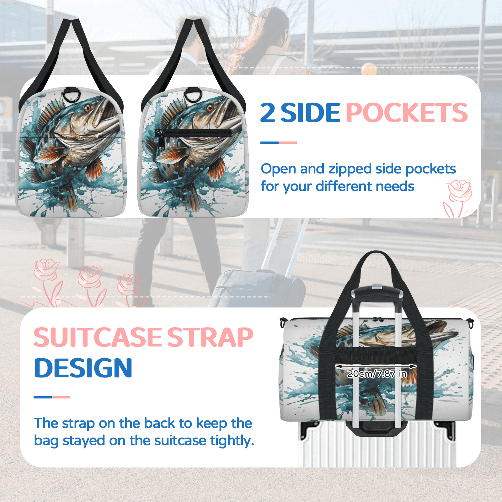 Herdesigns Funny Fish Gym Bag for Women, Duffle Bag for Travel Sport, Bass Fish Lightweight Waterproof Carry on Weekender Dance Yoga Workout Bags