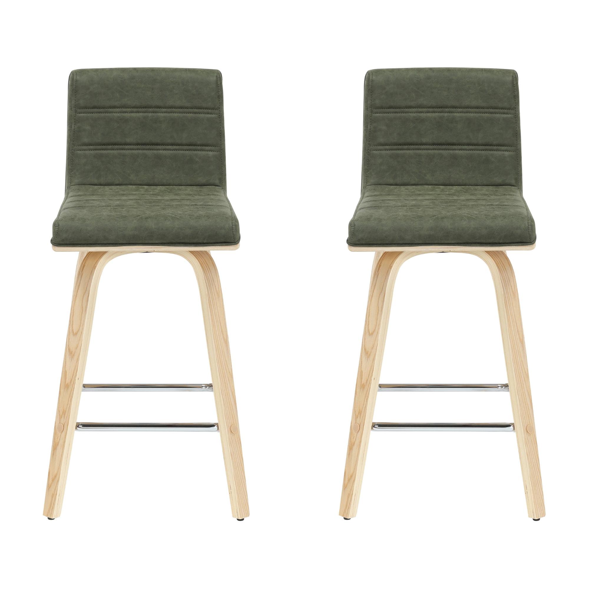 Vienna 35.5 in. H Swivel Counter Height Vintage Green Square Back Wood Bar Stool with Faux Leather Seat Set of 2