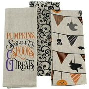 Halloween Kitchen Dish Towel Set: Fun Saying, Spooky Pumpkin Patch and Party Banner: Orange Black on Taupe Background