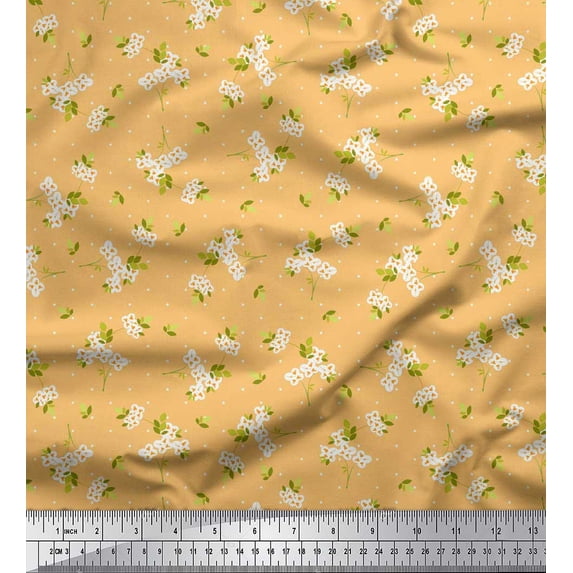 Soimoi Orange Rayon Crepe Fabric Dot,Leaves & White Flower Floral Decor Fabric Printed Yard 46 Inch Wide