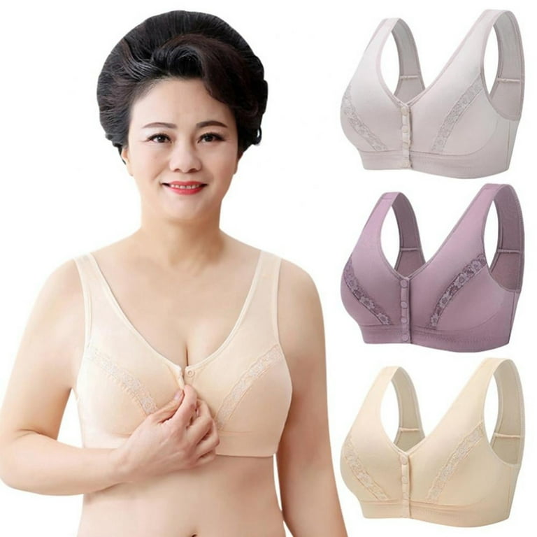 Mlqidk 3 Pack Elderly Women Button Front Closure Bras Seamless Cotton  Everyday Soft Cup (no Pads) Bras 